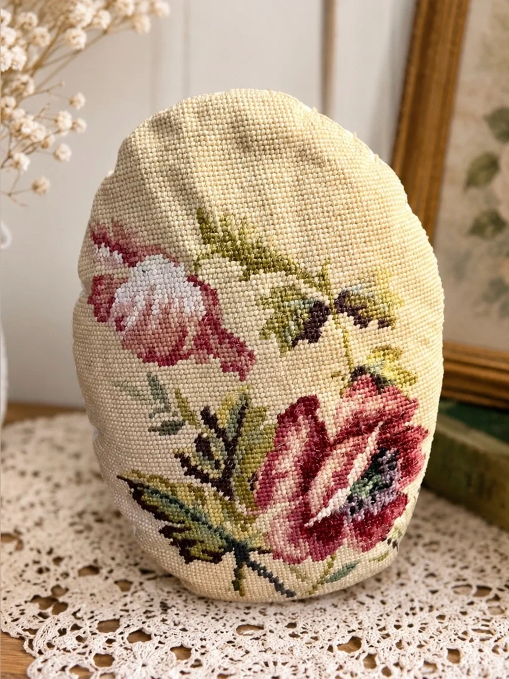 Vintage Handmade Floral Needlepoint Pillow | Cottagecore | English Cottage